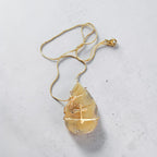Gold-Plated Wire-Wrapped Honey Stone Cross Necklace – 18" Chain & Prayer Card Gift Set