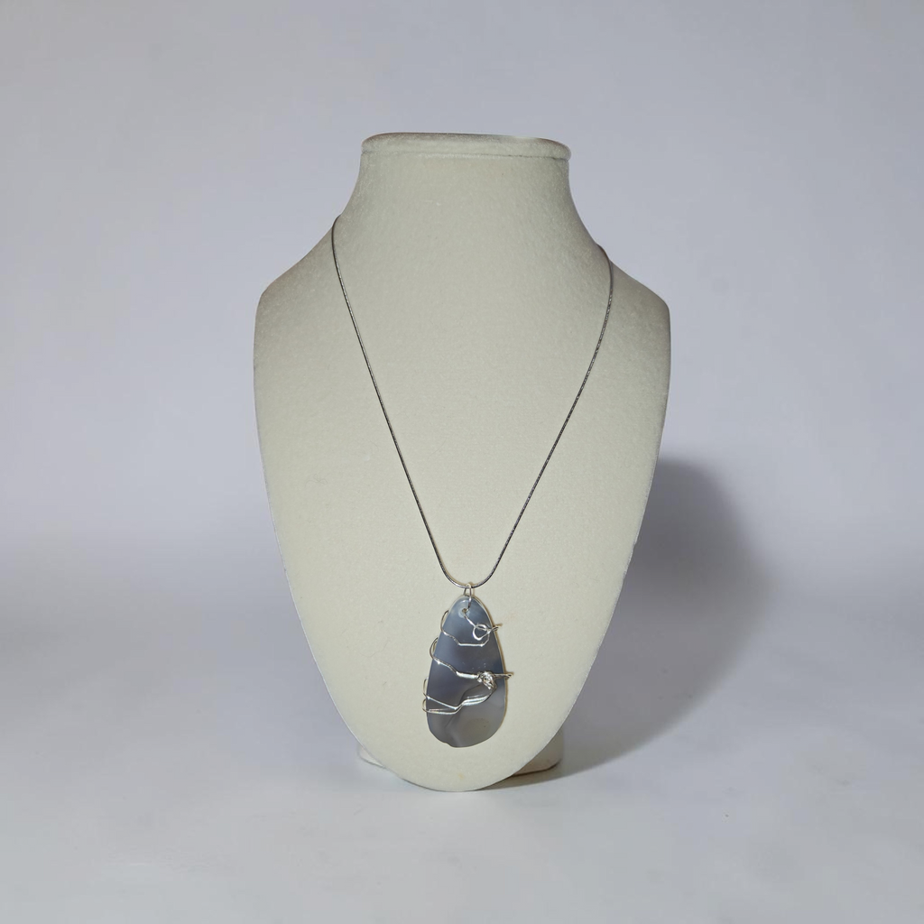 "Steady Heart" Hand-Wrapped Gray Swirl Natural Stone – Stainless Steel Faith Necklace