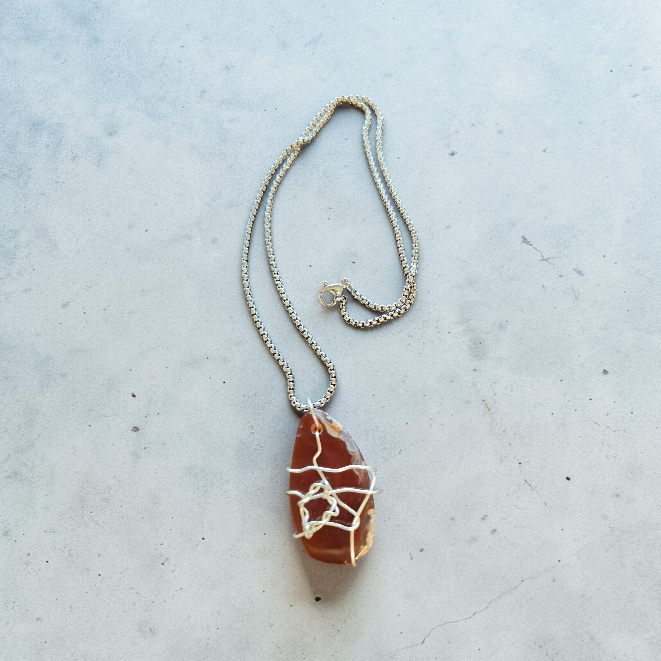 Honey Wire-Wrapped Natural Stone Necklace – Light Brown, White, & Clear Accents