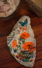 God's Love Never Fails" Hand-Decorated White Shell – Orange Floral & Butterfly Decor