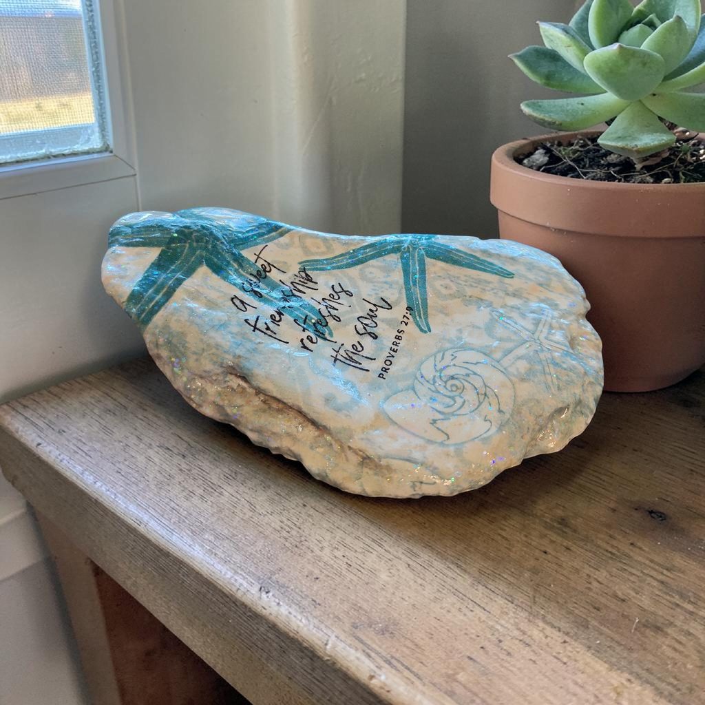 "Sweet Friendship" Turquoise Starfish Decoupage Shell – Faith-Inspired Coastal Decor