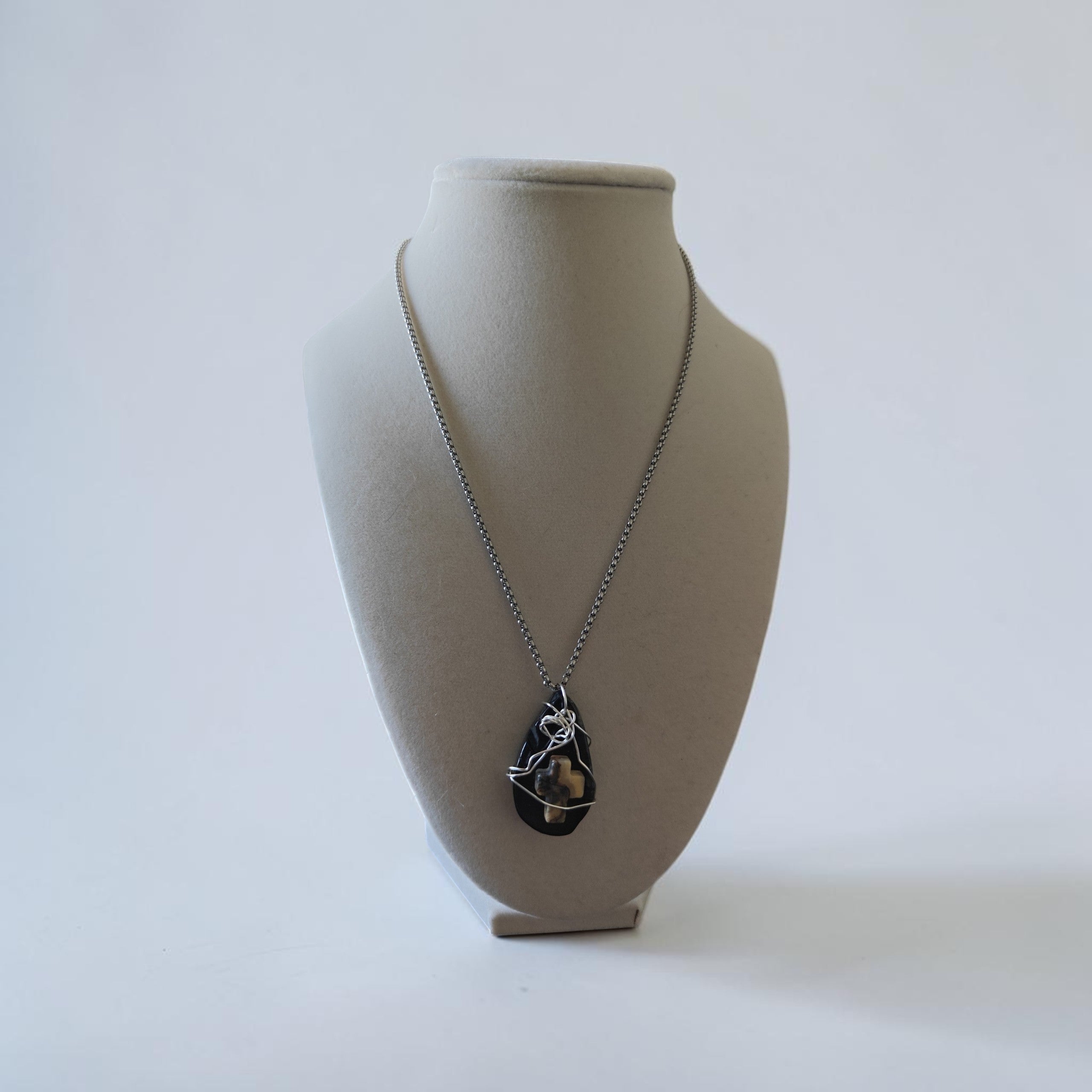 Divine Grace Wire-Wrapped Black Stone Cross Necklace
