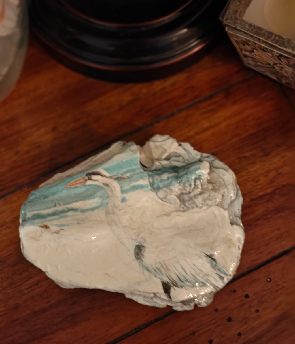"First Loved" Hand-Decoupage Blue Heron Beach Shell – Medium Keepsake