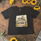 "Home Is Where My Chicken Is" Women’s Black 100% Cotton Tee – Sunflowers & Chickens – Size Large