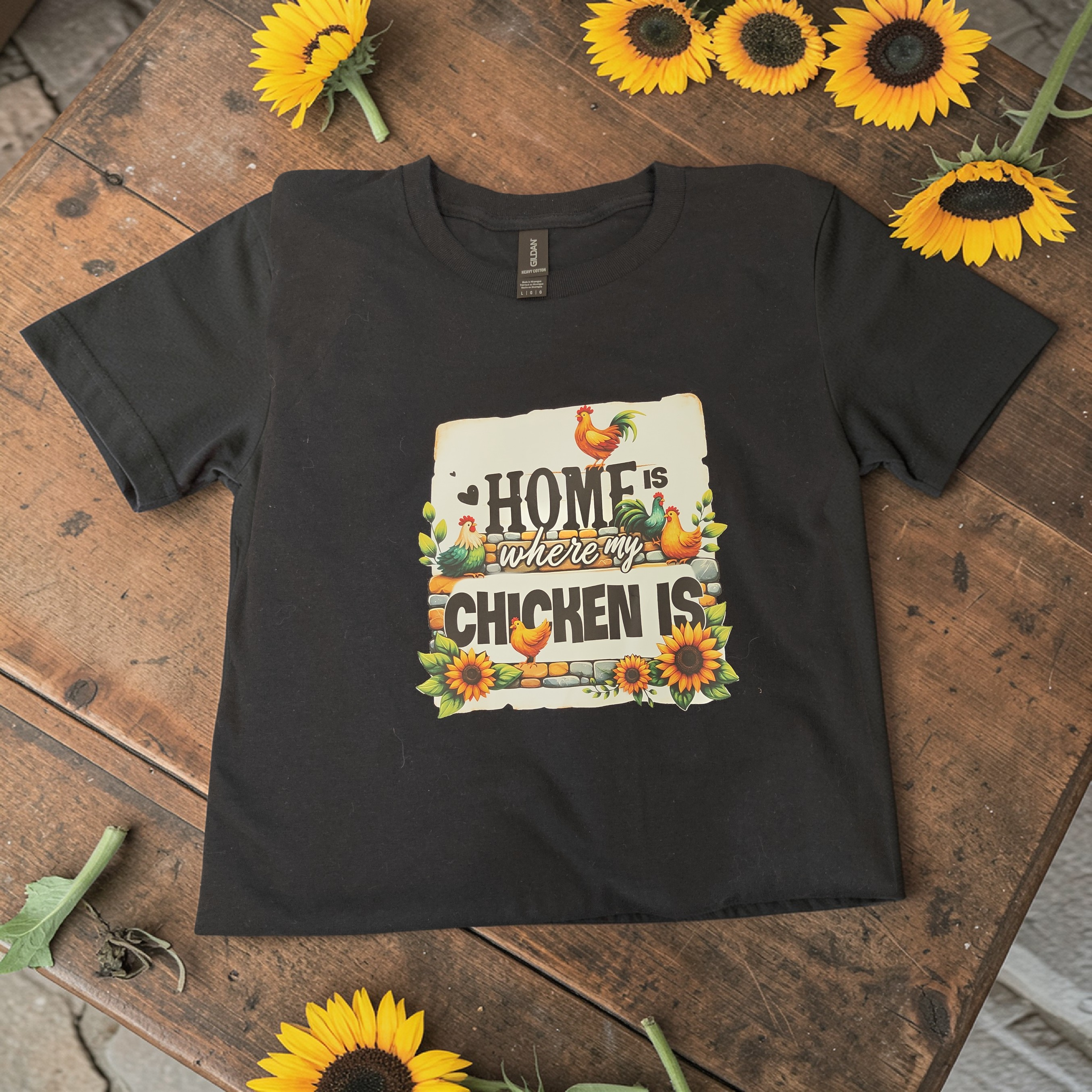 "Home Is Where My Chicken Is" Women’s Black 100% Cotton Tee – Sunflowers & Chickens – Size Large