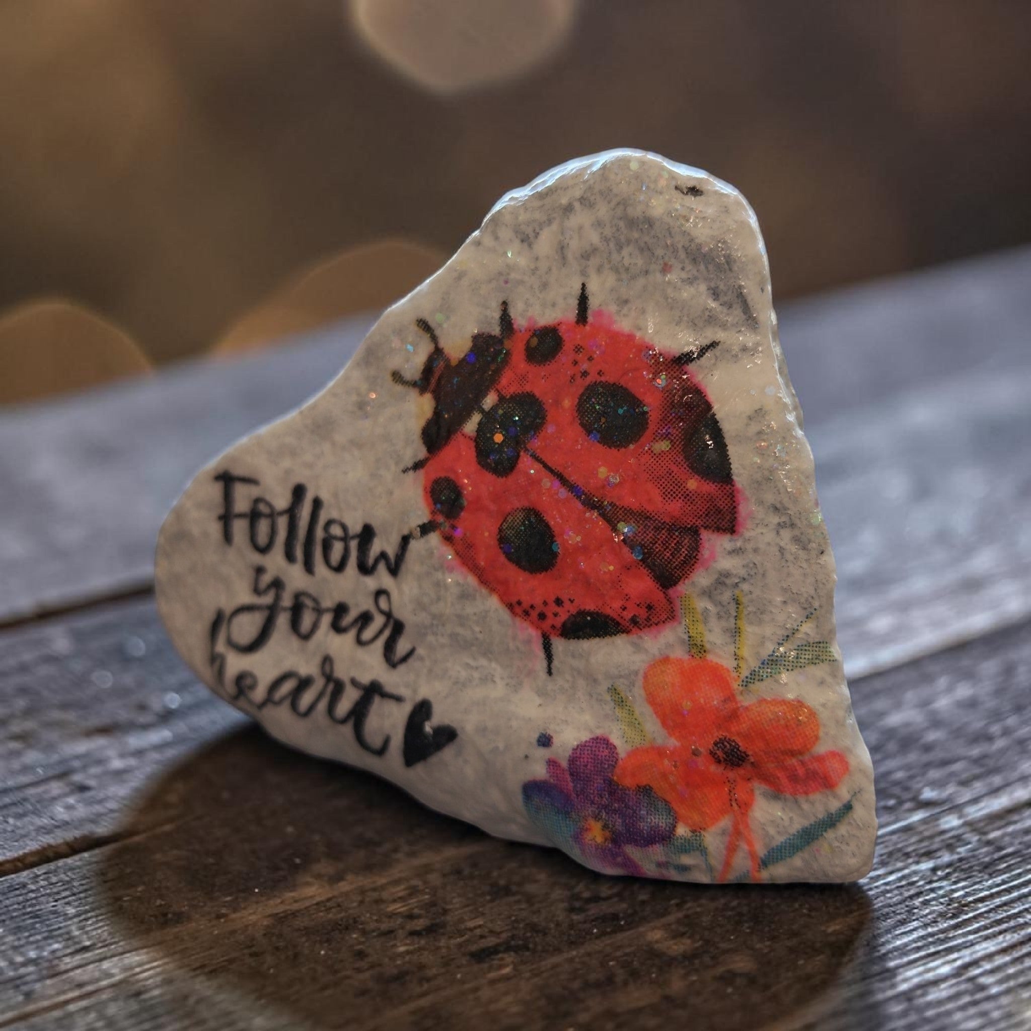 "Follow Your Heart" Hand-Decorated Natural Stone – Ladybug & Floral Art