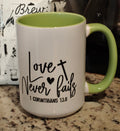 "Love Never Fails" 15oz Scripture Mug | Sage Green Faith Cup