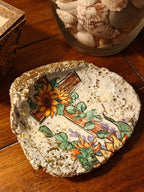 Sunlight of the Soul" Natural Shell – Cross with Sunflowers & Greenery