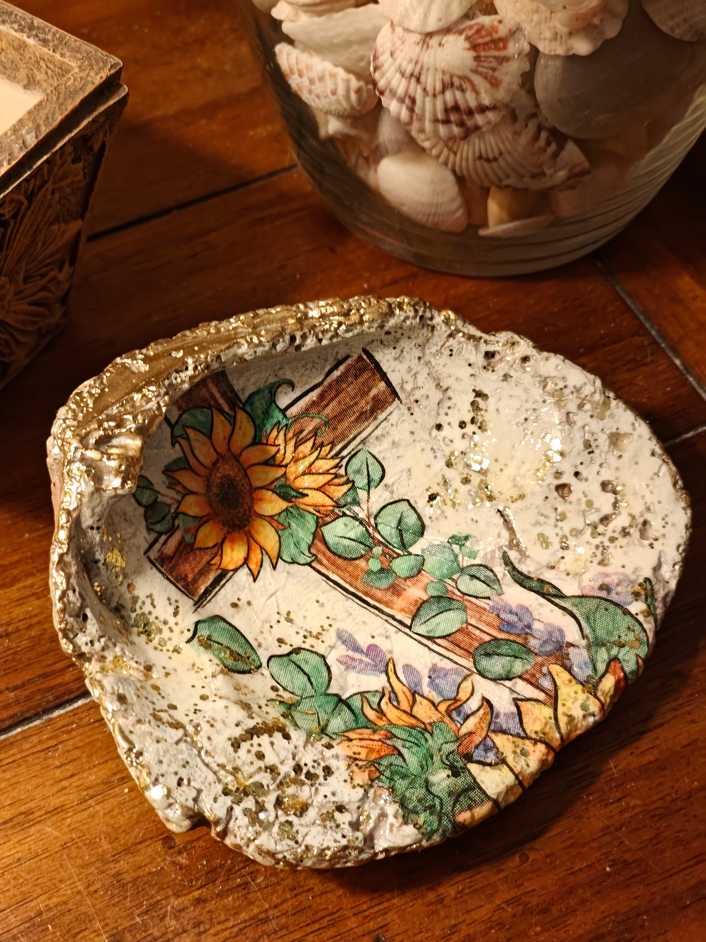 Sunlight of the Soul" Natural Shell – Cross with Sunflowers & Greenery