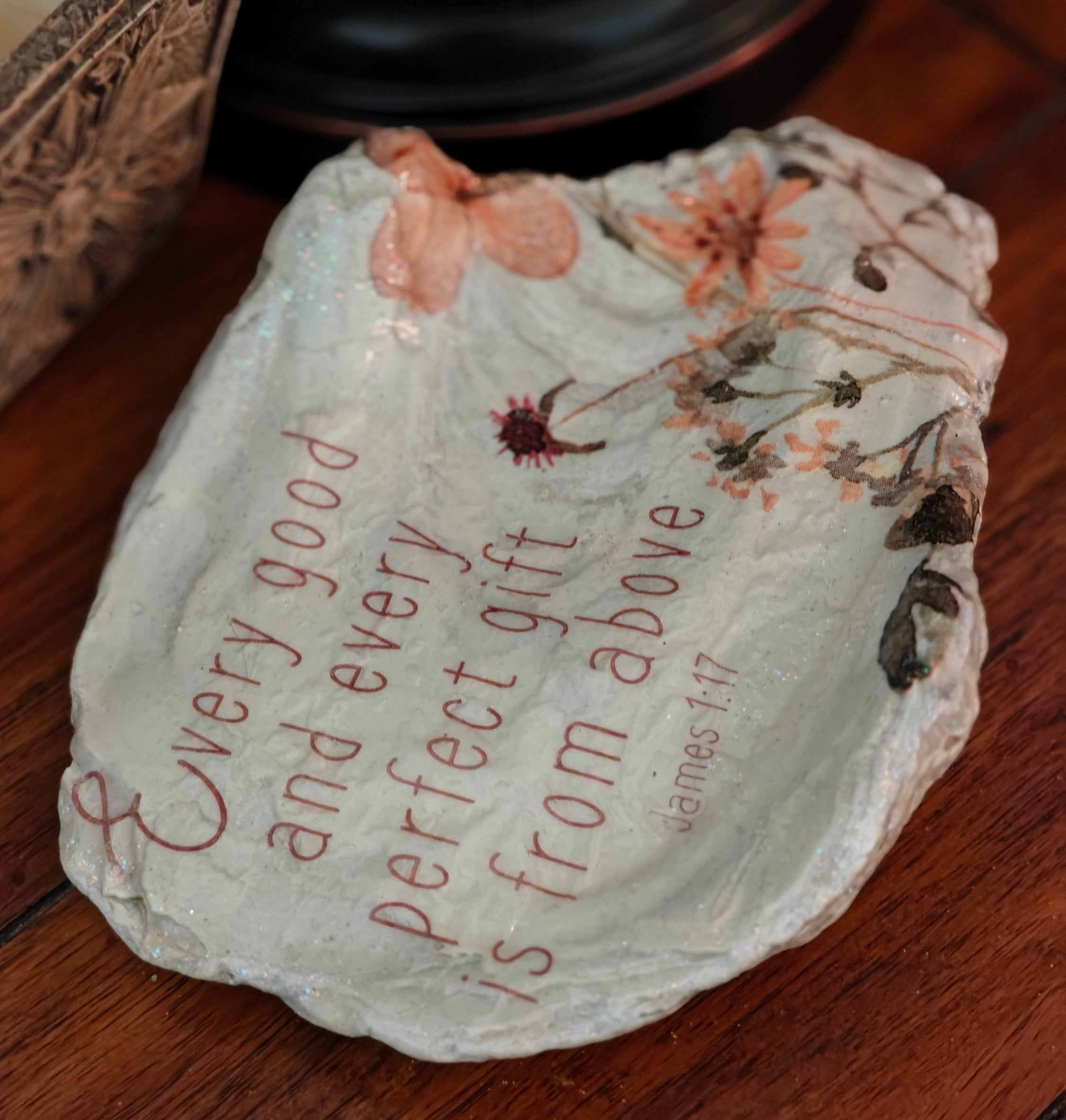 Hand-decorated natural shell featuring every good and every perfect gift is from above, James 1:17