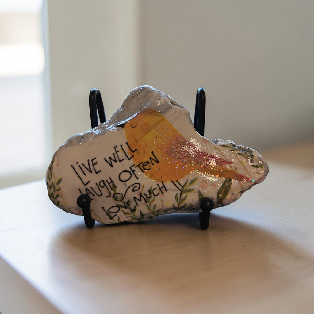 Handcrafted Coral Shell Decoupage – "Live Well, Laugh Often, Love Much" Yellow Bird & Botanicals, Inspirational Gift & Coastal Decor