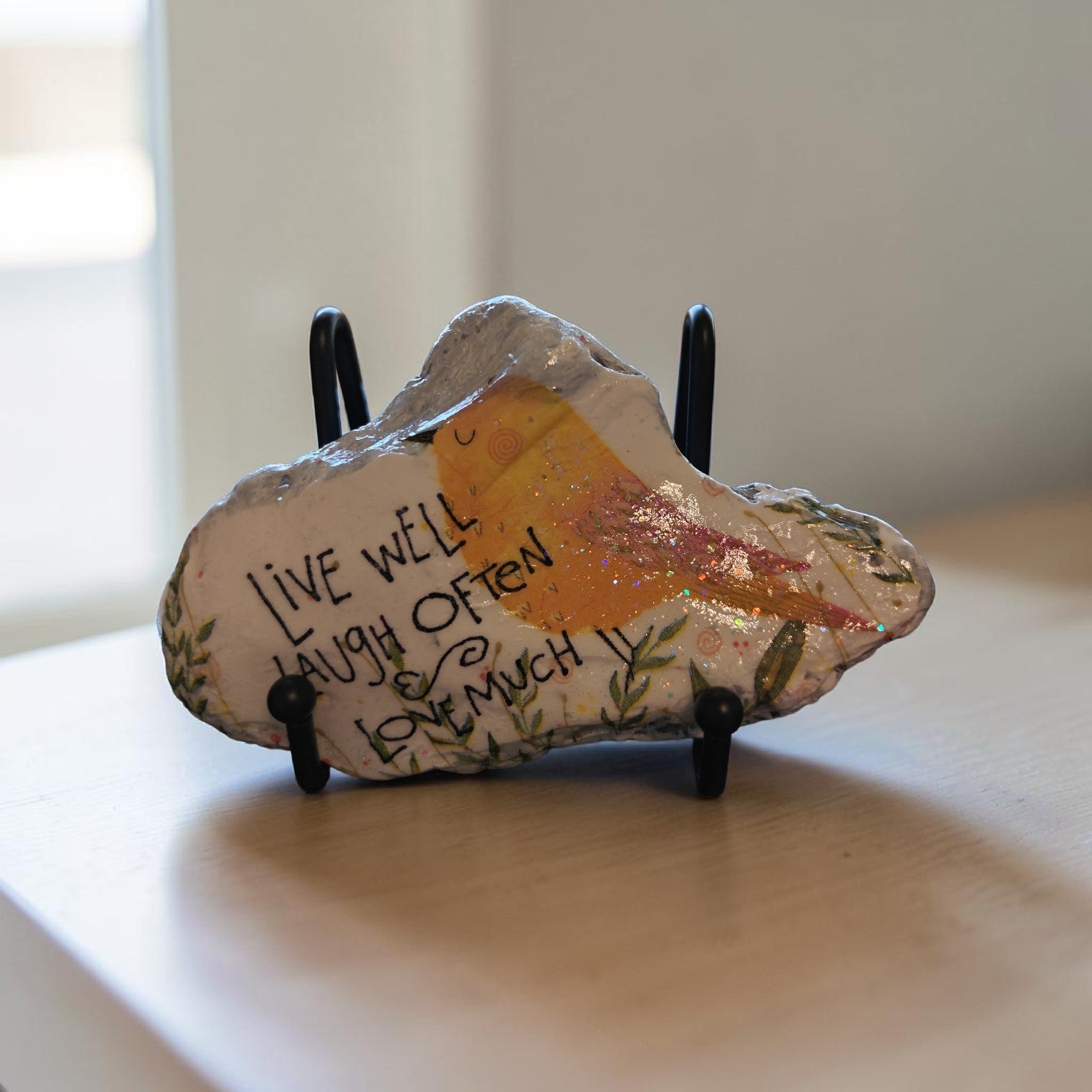 Handcrafted Coral Shell Decoupage – "Live Well, Laugh Often, Love Much" Yellow Bird & Botanicals, Inspirational Gift & Coastal Decor