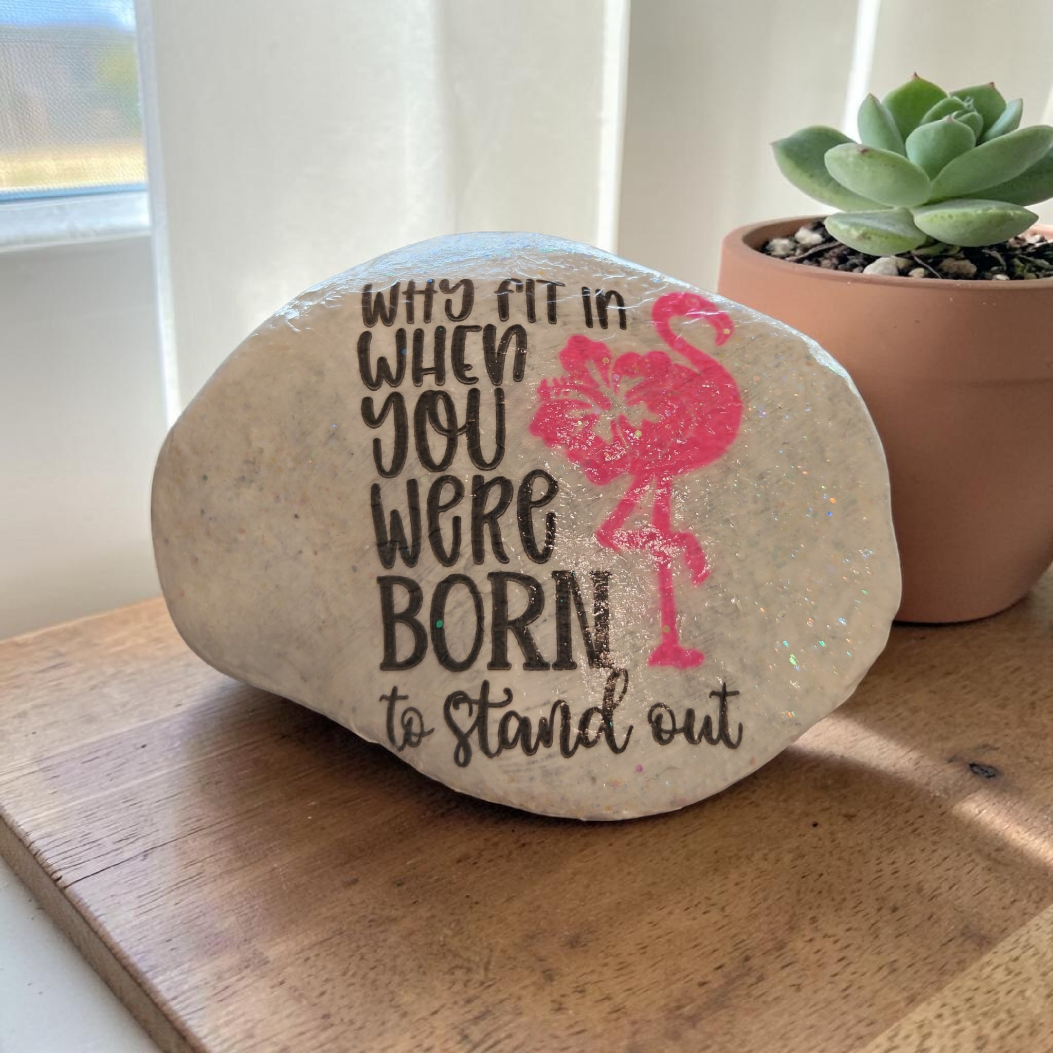 Inspirational Flamingo Decor – Handcrafted "Stand Out" River Stone