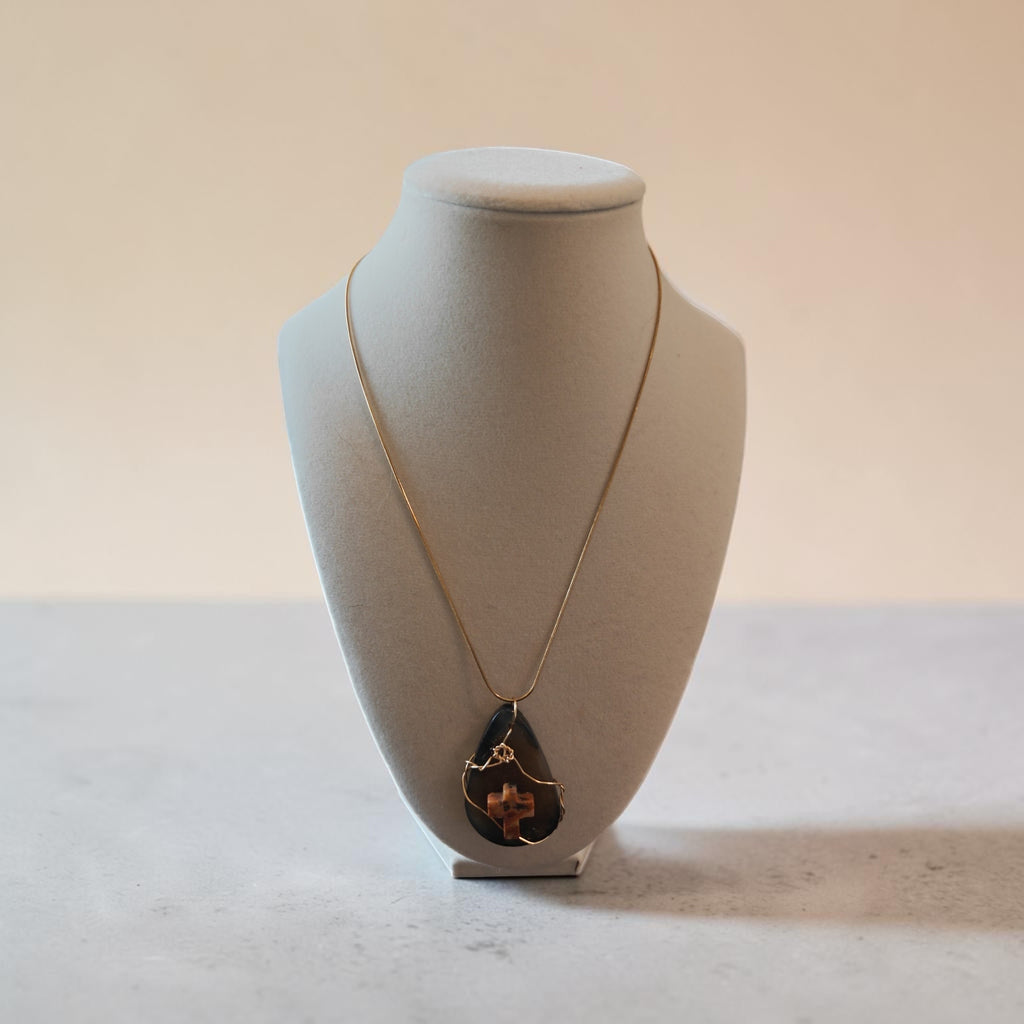 "God is Good" Gold Wire-Wrapped Black & Clear Natural Stone Necklace with Rustic Stone Cross Gift Set