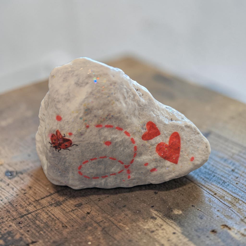 "Follow Your Heart" Hand-Decorated Natural Stone – Ladybug & Floral Art