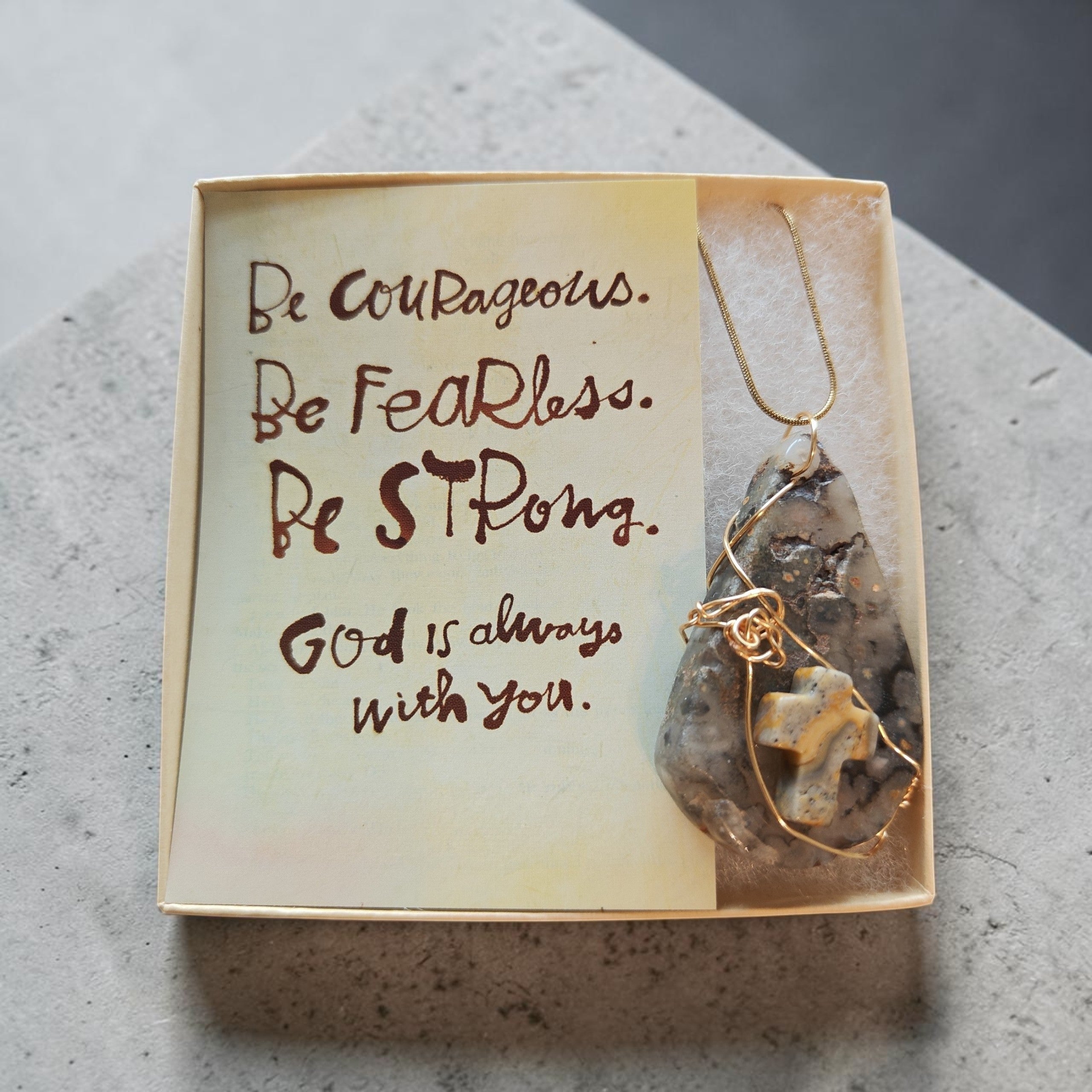 Handcrafted Natural Stone Cross Pendant Necklace in Gold Wire Wrap – Includes Stainless Steel Gold Chain, Prayer Card, & Gift Box