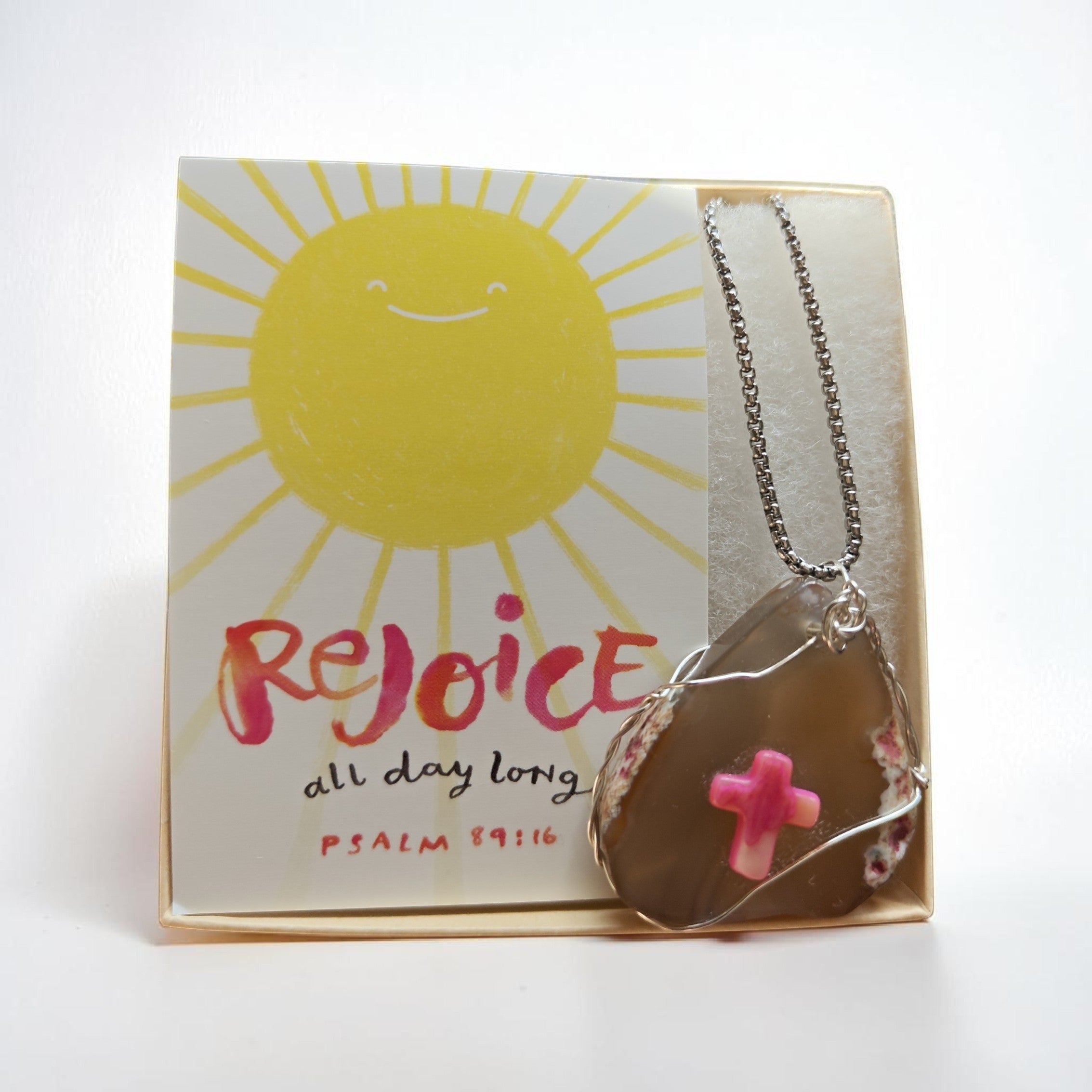 "Morning Mercies" Pink & Honey Natural Stone Cross Necklace