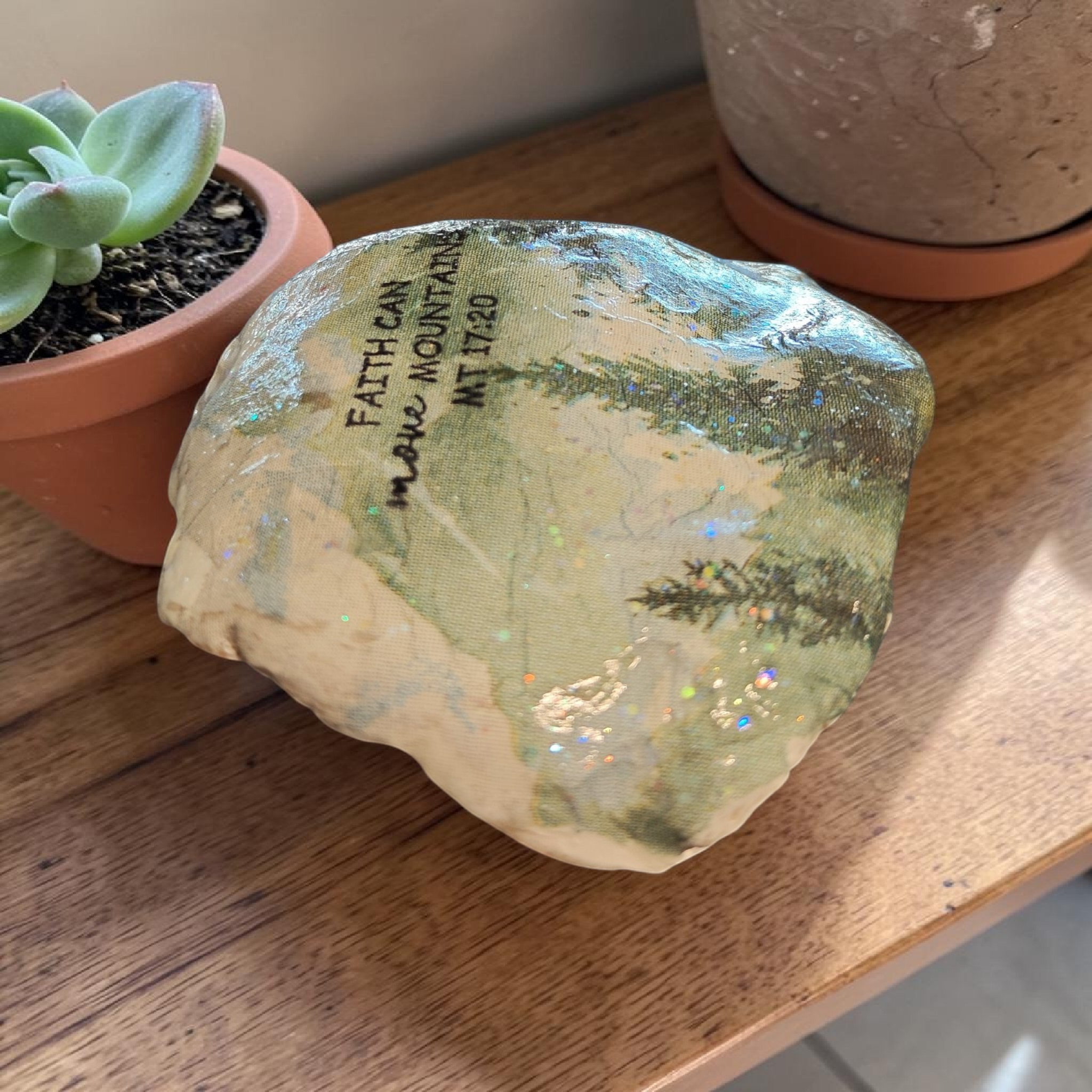 Faith Can Move Mountains" Hand-Decoupaged NC Sea Shell – Mountain Landscape Art