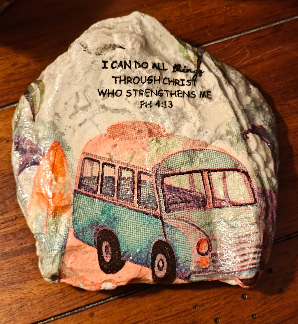 Retro VW Bus Natural Shell Decor – "I Can Do All Things" – Hand-Decorated Scripture Keepsake