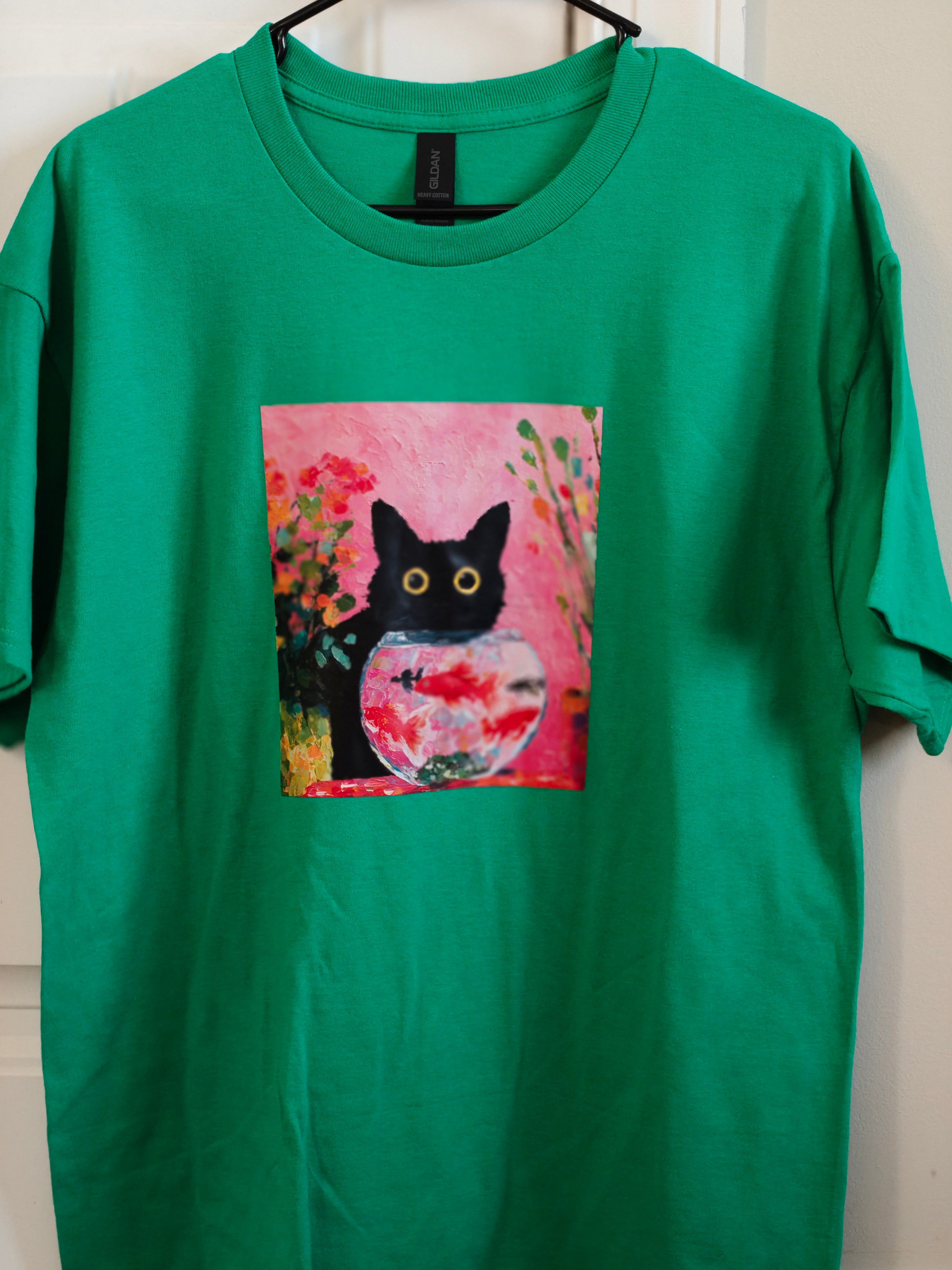 "Curious Cat & Fish Bowl" Women’s Bright Green Tee – 100% Cotton – Size Large