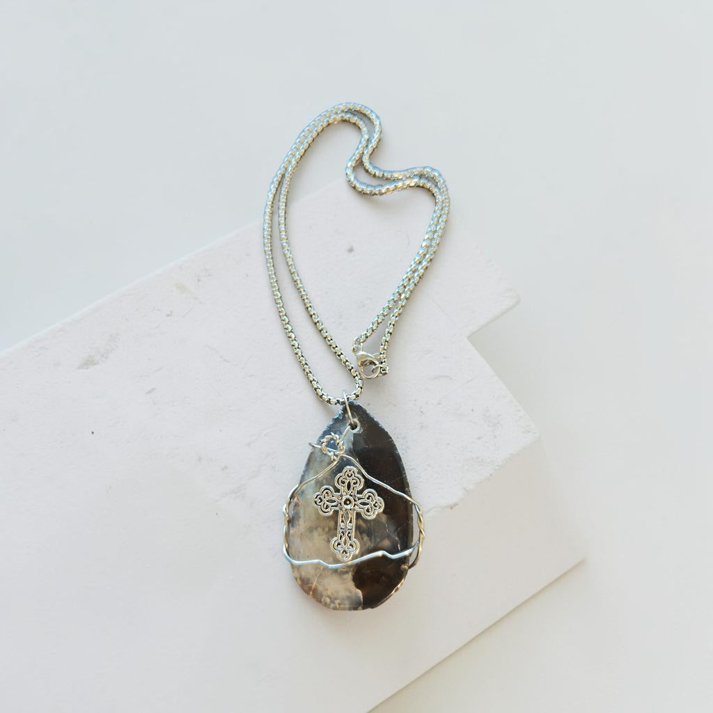 Strength Wire-Wrapped Cross Necklace – Gray & Black Natural Stone