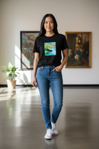 "Swimming Cat in Lily Pond" Women’s Black Cotton Tee – Size Large – Artistic Graphic
