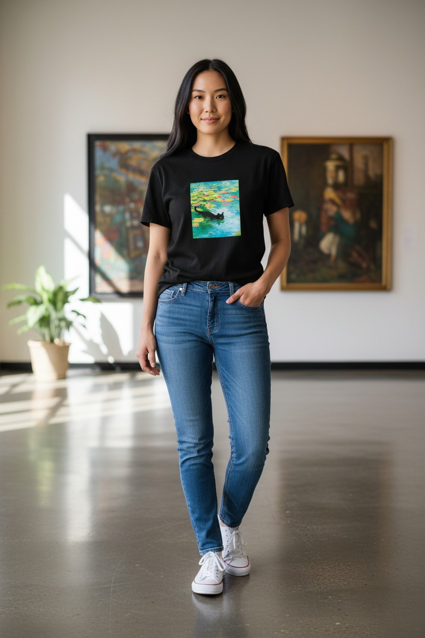 "Swimming Cat in Lily Pond" Women’s Black Cotton Tee – Size Large – Artistic Graphic