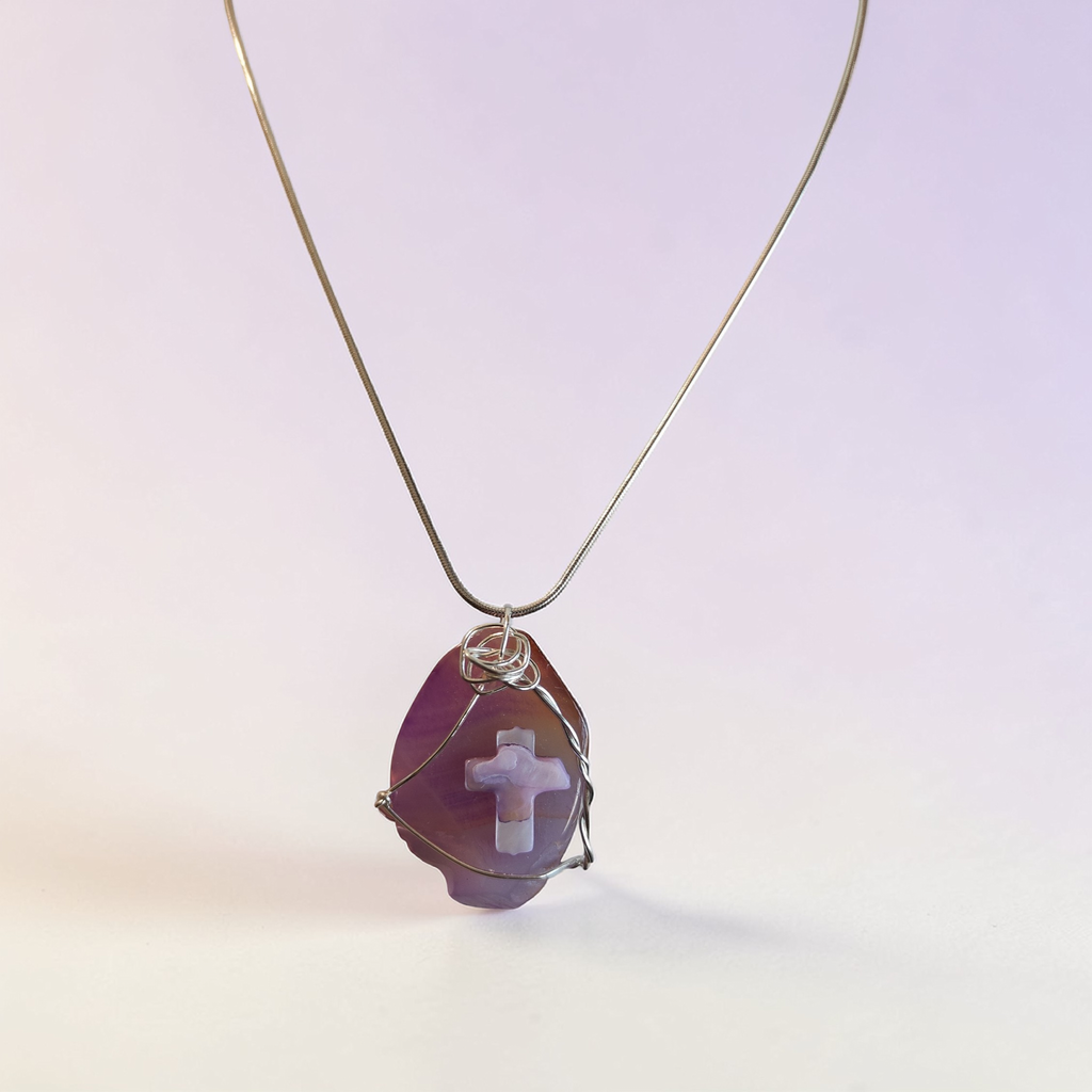 "Victorious King" Hand-Wrapped Violet Cross Necklace