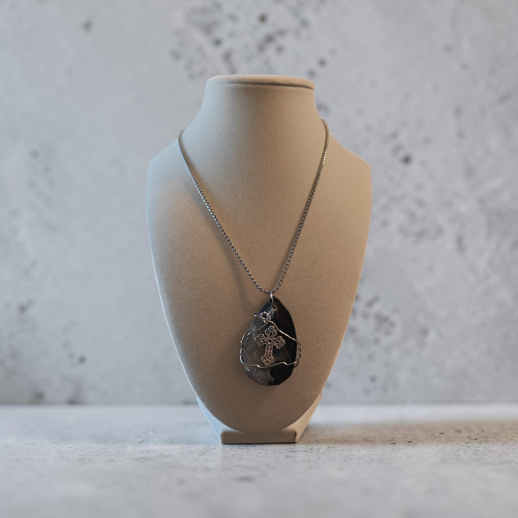 Strength Wire-Wrapped Cross Necklace – Gray & Black Natural Stone