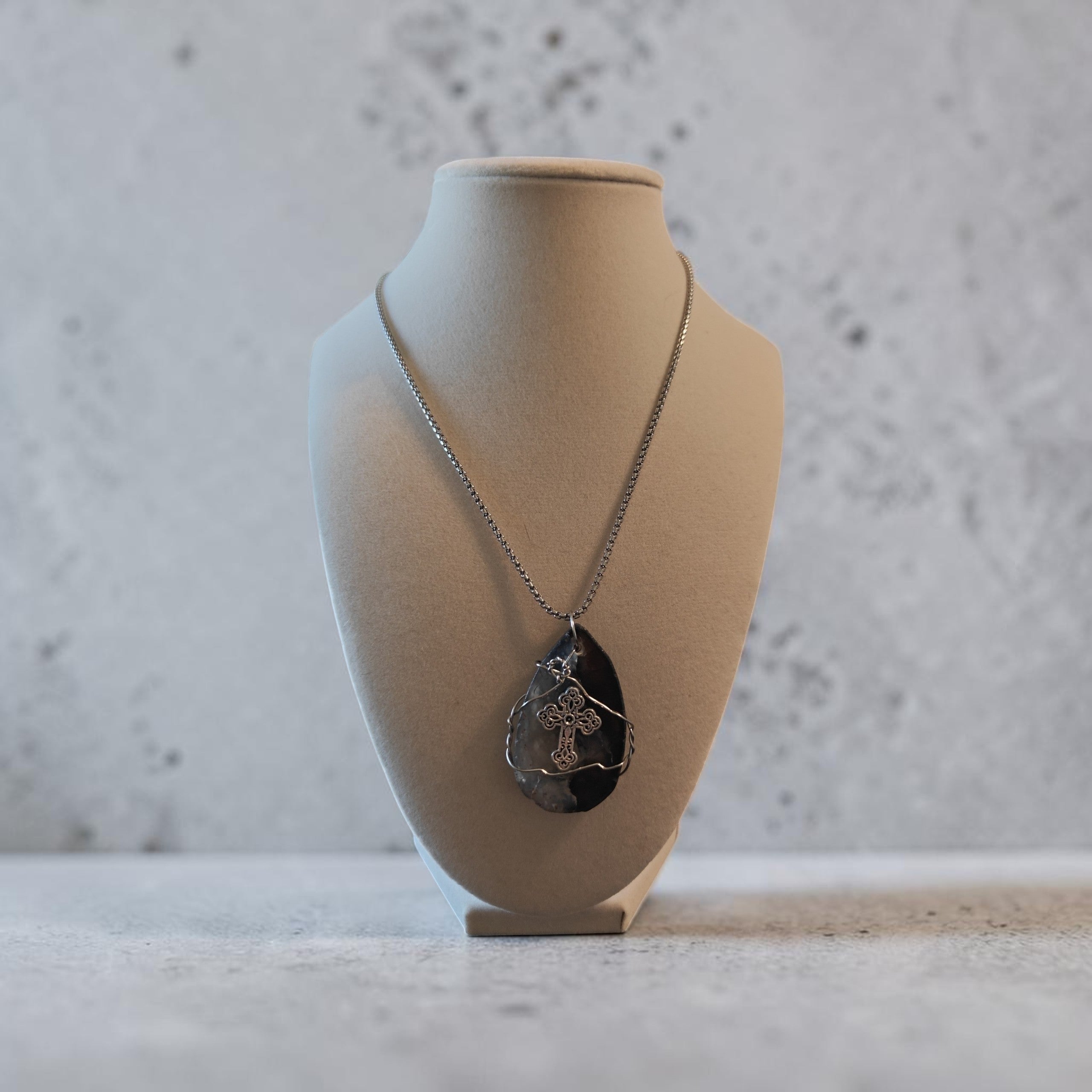 Strength Wire-Wrapped Cross Necklace – Gray & Black Natural Stone