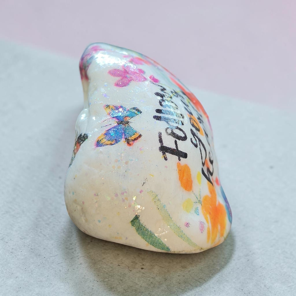 "Follow Your Heart" Stone Decor – Colorful Flowers & Butterflies Keepsake